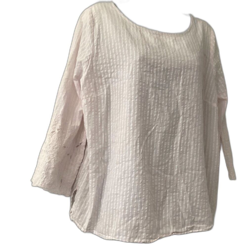 Liz Claiborne Petite Crinkle Gauze Blouse Pink Eyelet Sleeve Top PXL